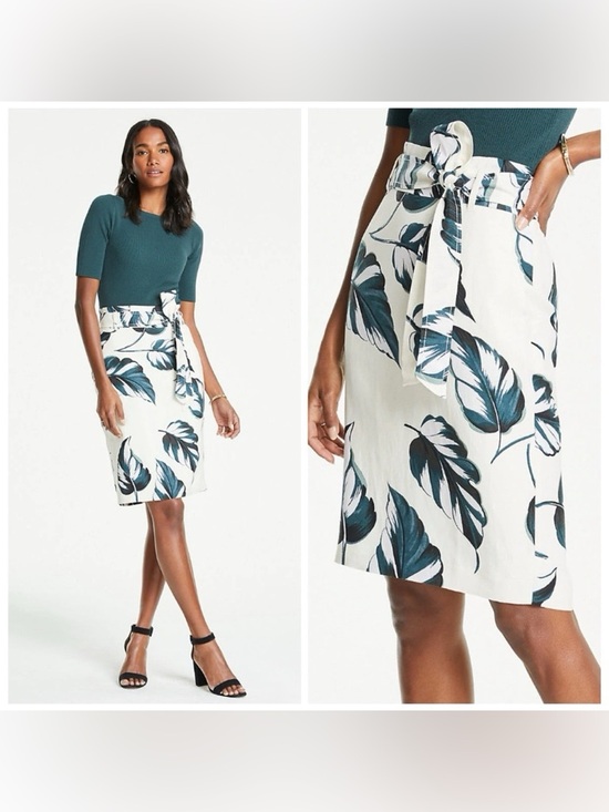 Ann Taylor Dresses & Skirts - Ann Taylor Ivory Teal Leaves Linen Blend Tie Waist Pencil Skirt Size 8 Petite
